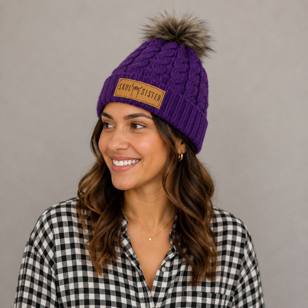 Skol Sister Purple Cable Knit Beanie Faux Fur Pom Pom Viking Fan Hat Apollo USA
